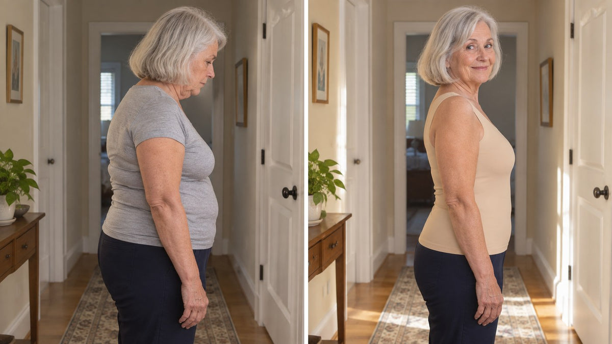 The same woman from the side: stooped with a bulge at the bra band, then standing tall and smooth in the tank