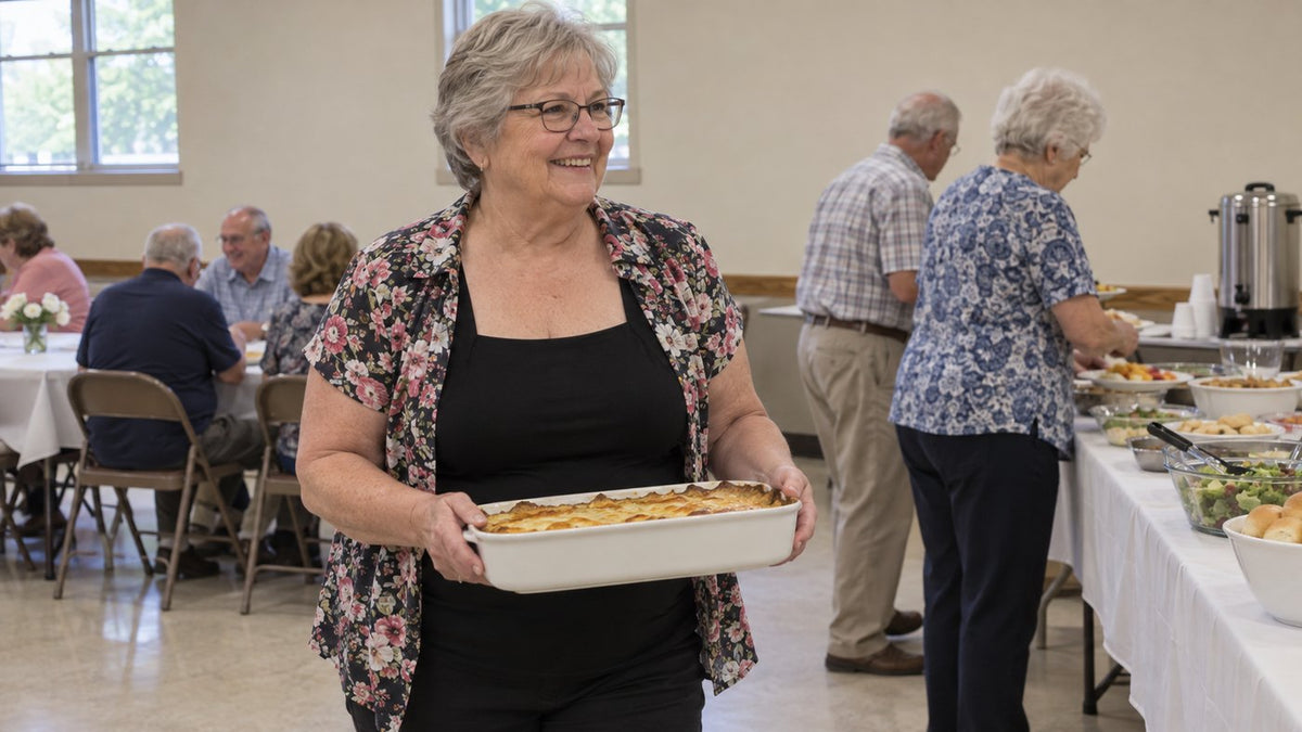 June, 71, a 42DDD, serving the church supper in the tank
