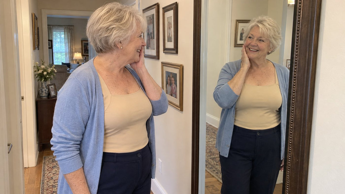 Marion, 77, laughing at herself in the hall mirror in the tank