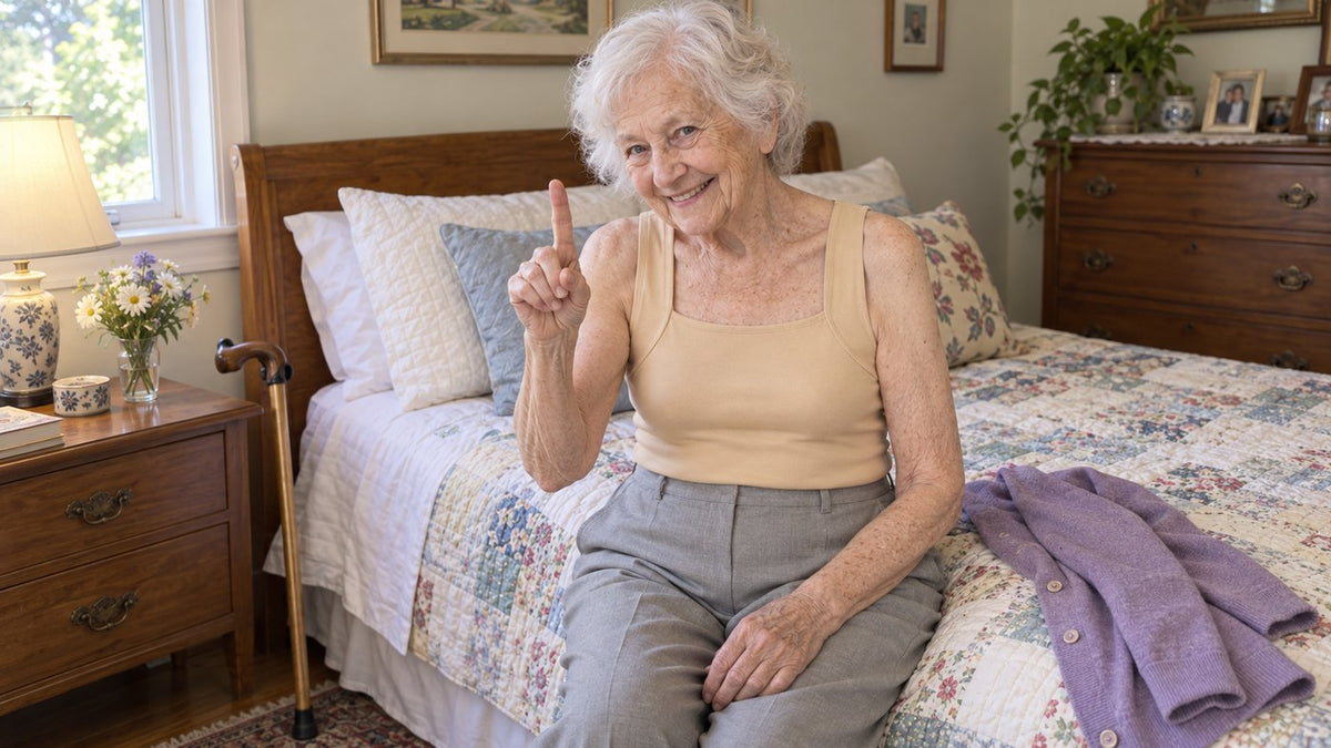 Ruth, 89, on the edge of her bed in the tank: one try, nothing to hook
