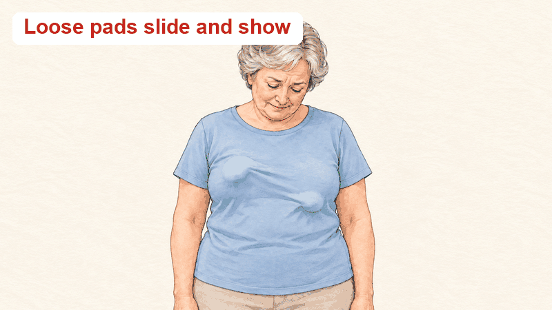 Under a T-shirt, a thin cami's loose pads slide and show; with molded cups sewn in, the front lies smooth
