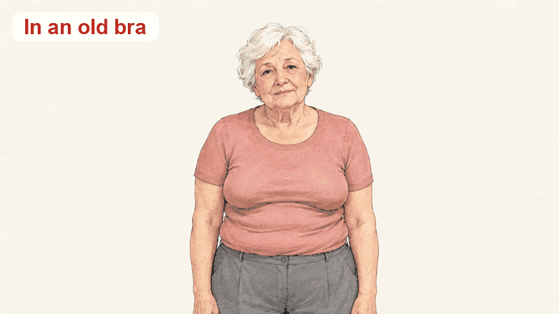 Drawing of the same woman in a fitted rose top: in an old bra she sits low with a shelf line and a bulge, in the tank she is lifted and smooth from chest to waistband