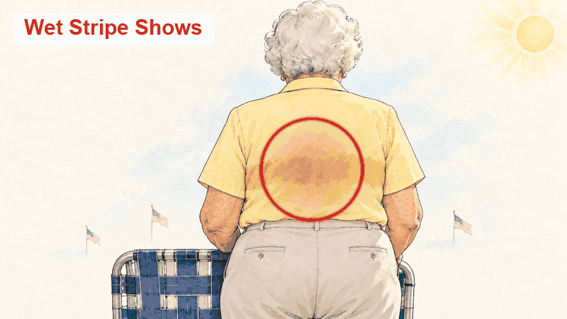 Drawing from behind: a wet stripe shows across her yellow blouse where a bra band sits; with the tank, no band and no stripe