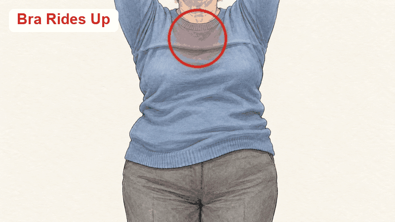 Drawing: arms raised, a bra band rides up under her red sweater; with the tank tucked in, the sweater stays smooth
