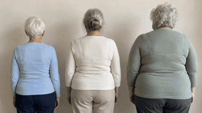 Three women over 70 of different sizes from behind: the band, the hooks and the straps show in the same three spots on all of them