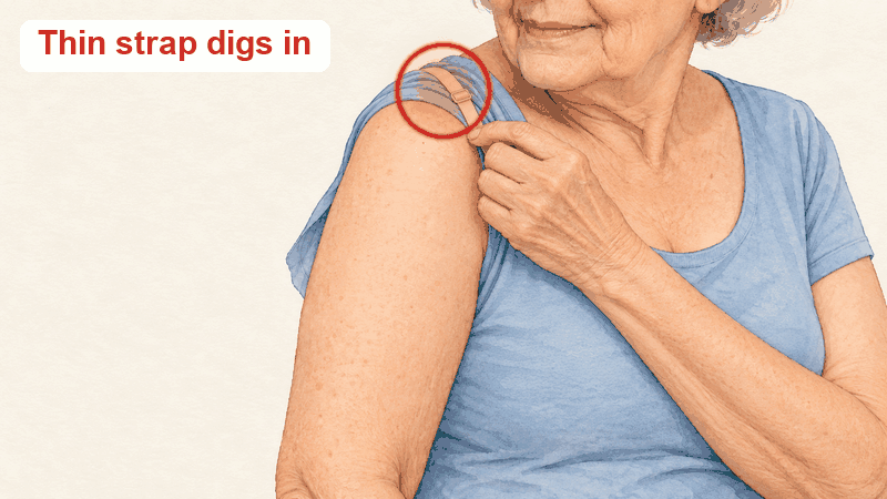A thin bra strap pressing into the shoulder, then a wide, flat strap lying smooth in the same spot