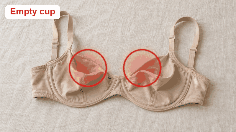 A bra cup gapes and folds at the top when nothing firm fills it; the tank's molded cups hold their shape on their own