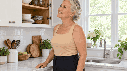 A woman in her late seventies in the nude tank reaches up to a high kitchen shelf for a bowl, and the tank stays smooth and tucked in