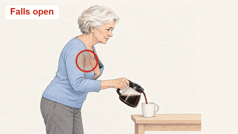 Leaning forward, a bra cup gapes at the neckline; in the tank the front lies close with no gap
