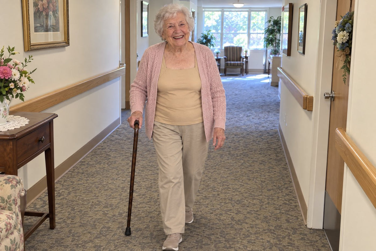 Dorothy walking to breakfast with her cardigan open