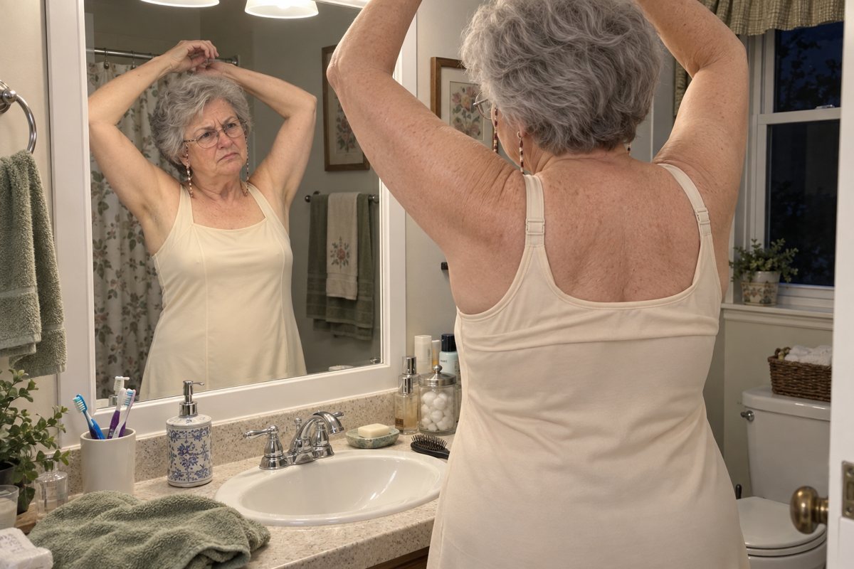 Marlene doing the arms up test in her bathroom mirror