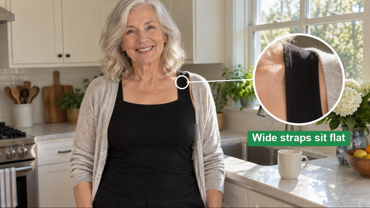 Susie's Built-in Bra Comfort Tank in black: wide straps sit flat on the shoulder