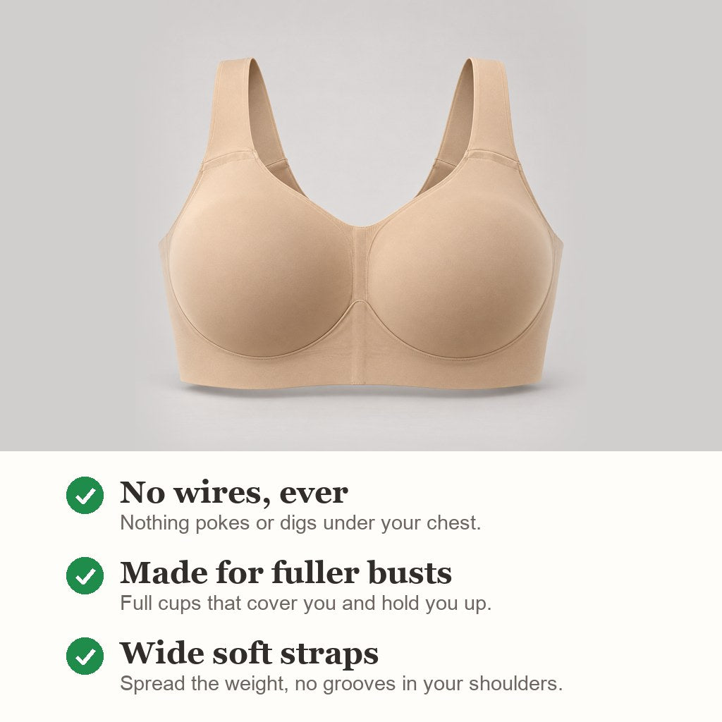No wires, made for fuller busts, wide soft straps