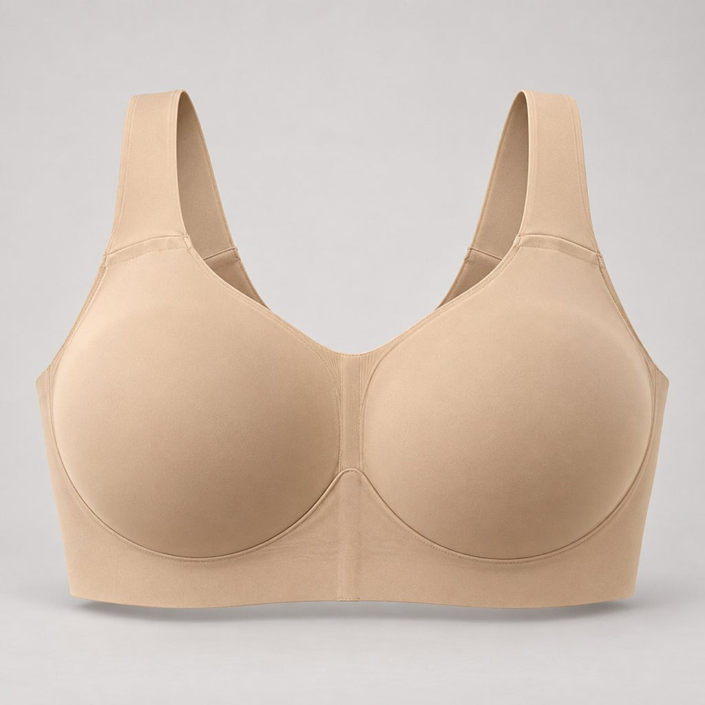 Wire-free support bra in sand, front view