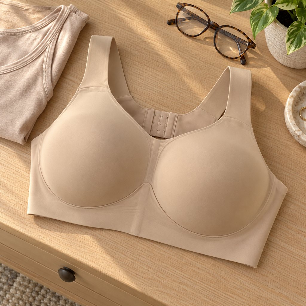 The sand wire-free full-coverage support bra laid flat