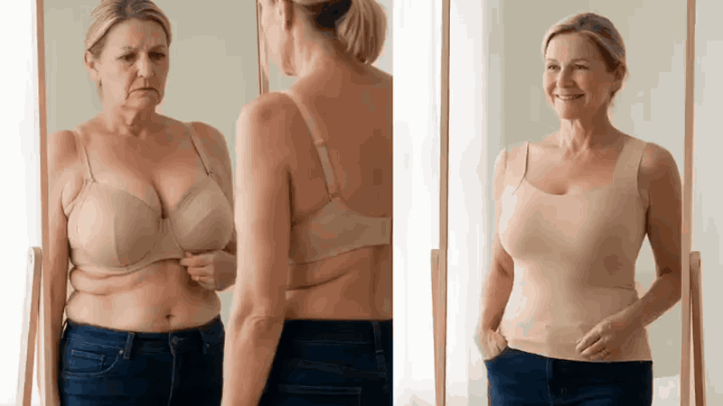 In the mirror: a bra, then the same woman smooth in the tank