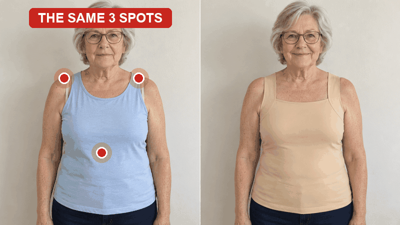 The same woman in a blouse with thin bra straps, where a bra hangs the weight from the same three spots, and in the tank, where no one spot takes it all