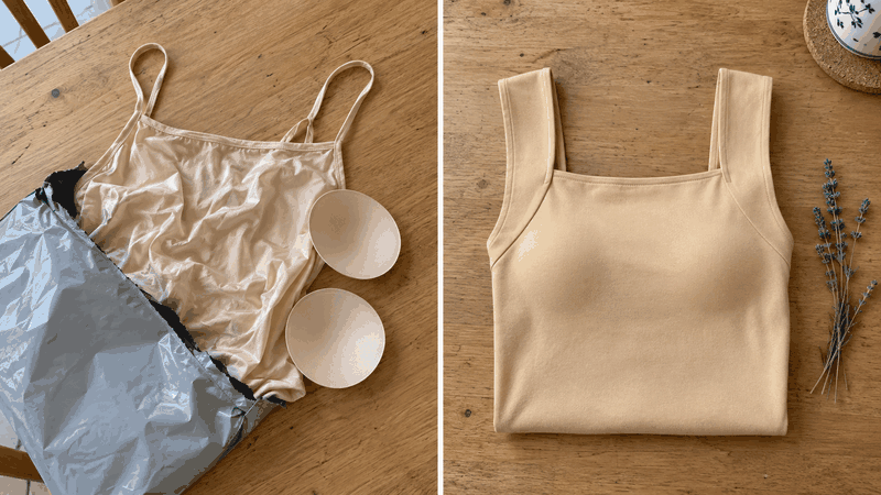 A look-alike cami with loose pads next to Susie's tank, sold only at susies.co