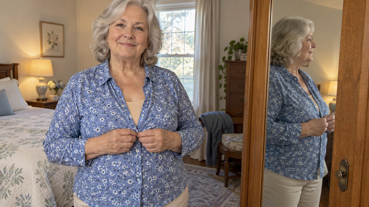 A woman of 77 buttoning a fitted floral blouse at the mirror, the tank's square neckline at the collar