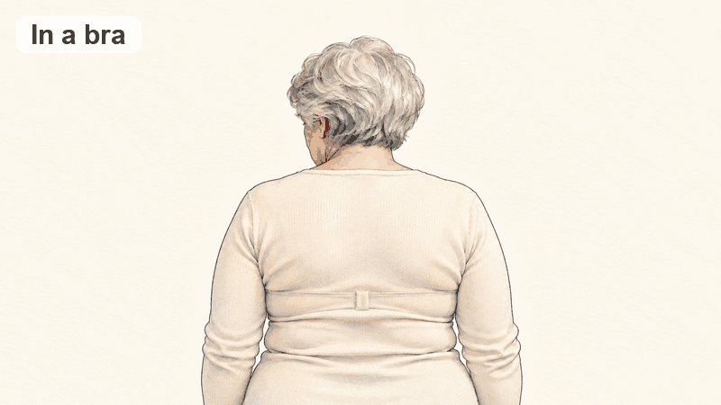 From behind, a bra band line and hooks show through her blouse; in the tank her back is smooth