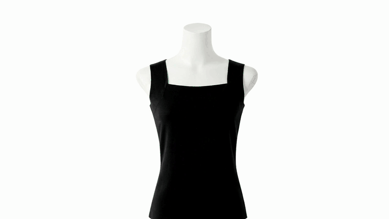 The black built-in-bra tank: molded cups sewn in, wide flat straps, no band and no hooks, long snug body