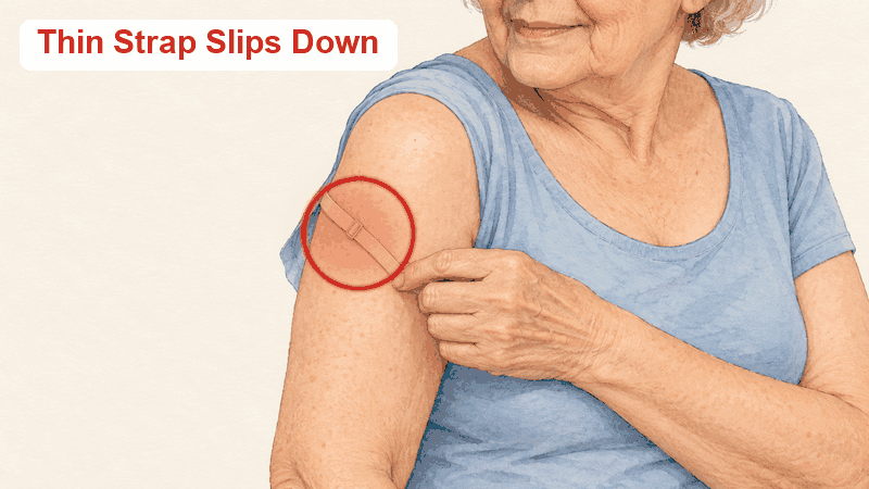 Drawing: a thin bra strap slips down her arm; the wide tank strap stays put on her shoulder