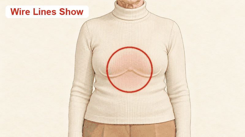 Drawing: underwire lines show through a fitted cream turtleneck; with the tank, no wire and the knit lies smooth