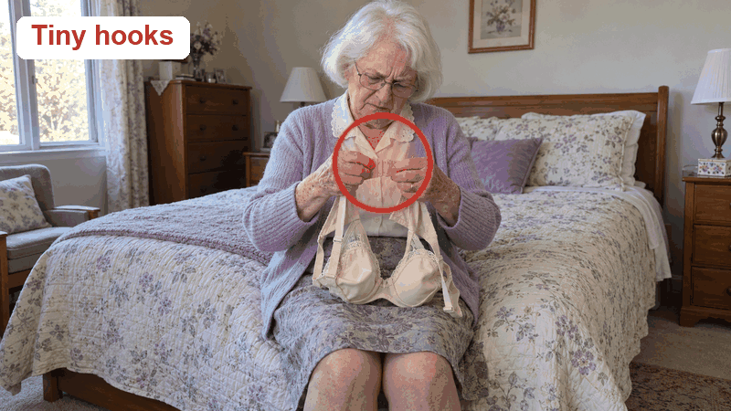Stiff hands fumbling with tiny bra hooks, then the same woman pulling the tank on over her head
