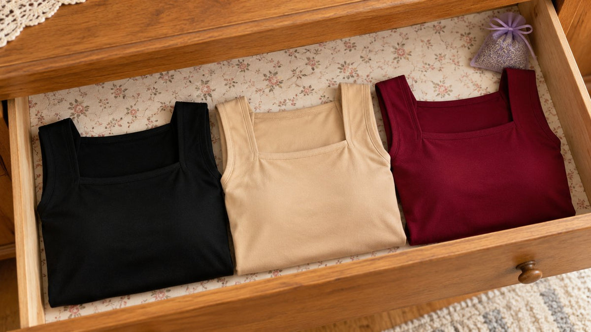 Three folded Susie's tanks in black, nude and burgundy in a dresser drawer
