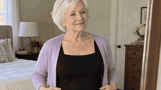 A woman in her seventies stands at her bedroom mirror in the black tank under an open cardigan, the front of her top smooth and filled out, and smiles