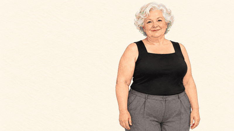 A fuller woman in the black tank: the long snug body gathers her up and in to the molded cups, with wide flat straps