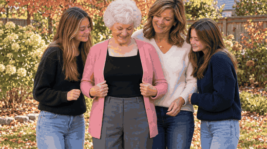 A grandmother in the black tank and a pink cardigan stands in the front row of a family picture with her daughter and granddaughters, smiling