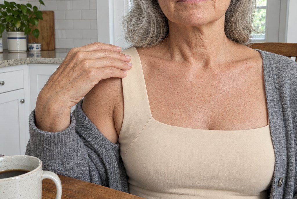 The wide flat strap lies smooth on the shoulder