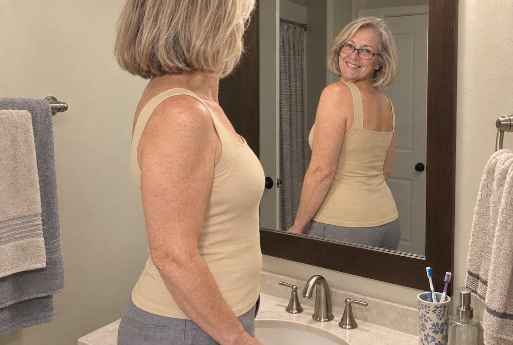 Checking her back in the mirror after a shift