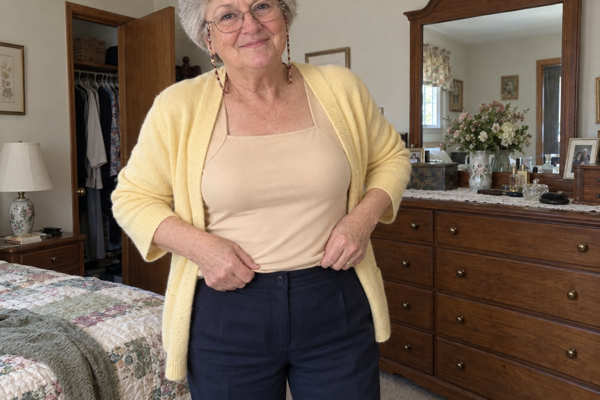 Tucking the long hem into her slacks