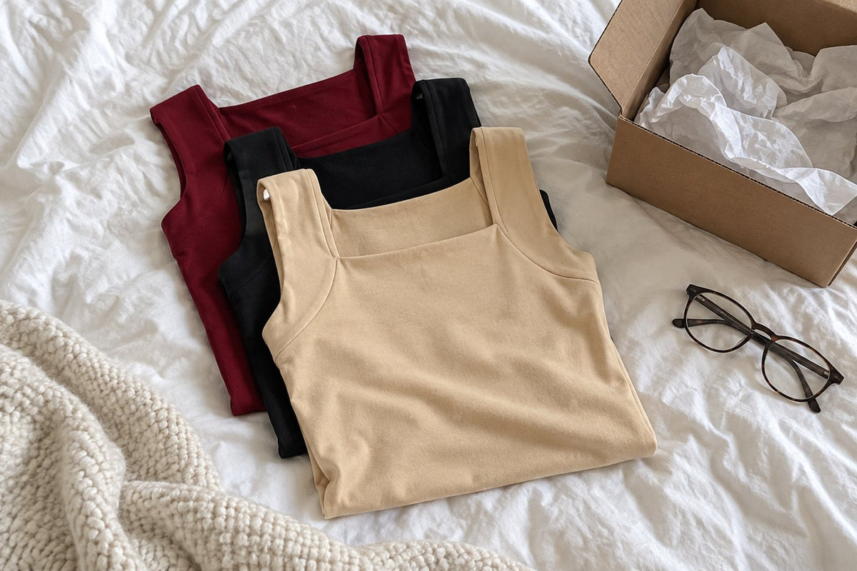 Three tanks: nude, black and burgundy