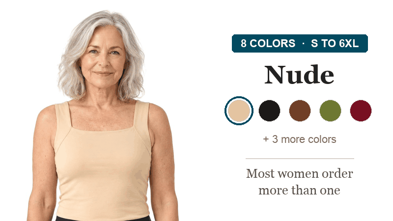 Susie's Built-in Bra Comfort Tank worn in five colors