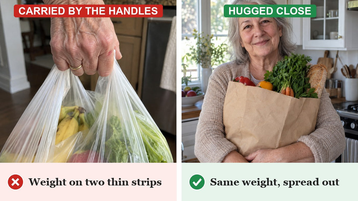 A bag carried by thin handles vs the same bag hugged close