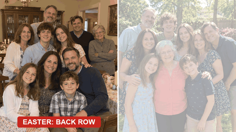 Easter in the back row in a heavy cardigan, then Mother's Day in the front row in short sleeves