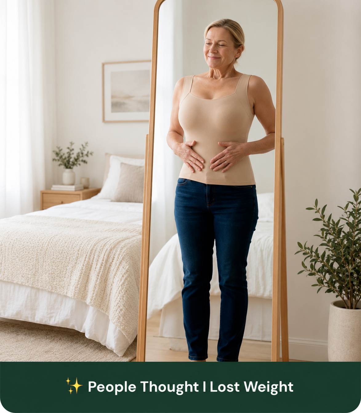 Woman in the nude tank, one smooth line from ribs to hips